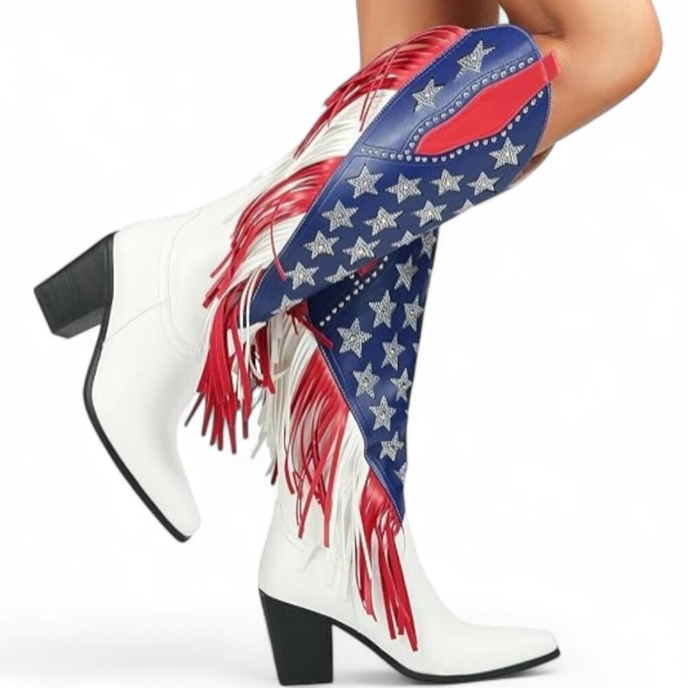 American Flag Size 11 Rhinestone Stars Fringe Knee High Block Heel Western Boot - Picture 13 of 16